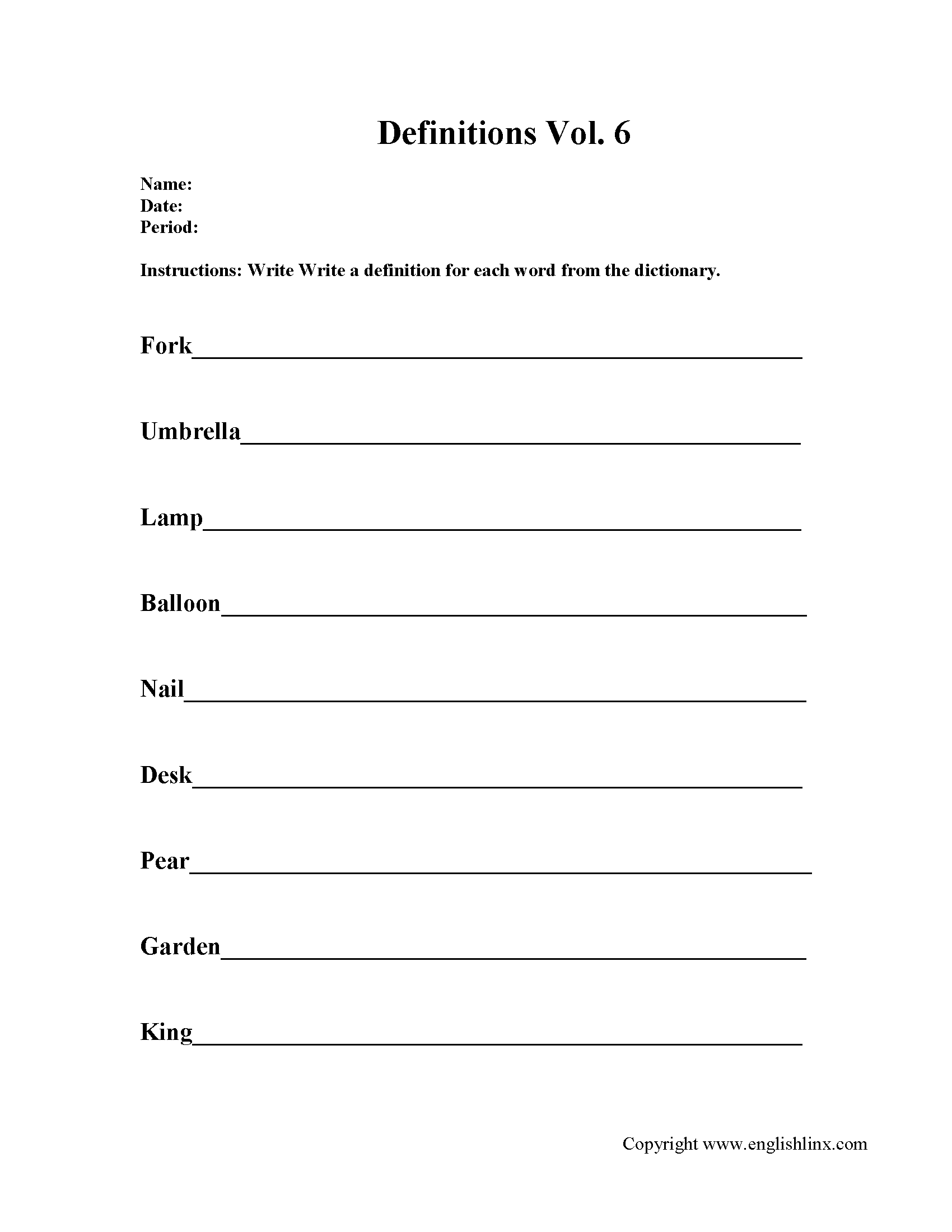 Writing Definition Worksheets Activity 6