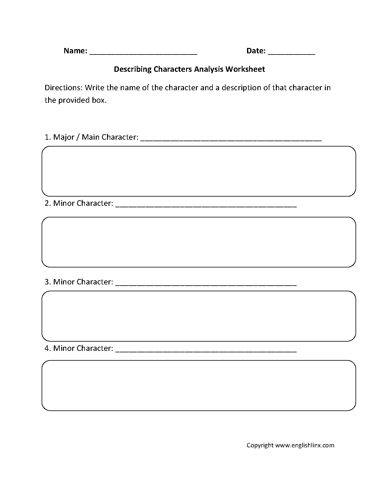 Describing Character Analysis Worksheets