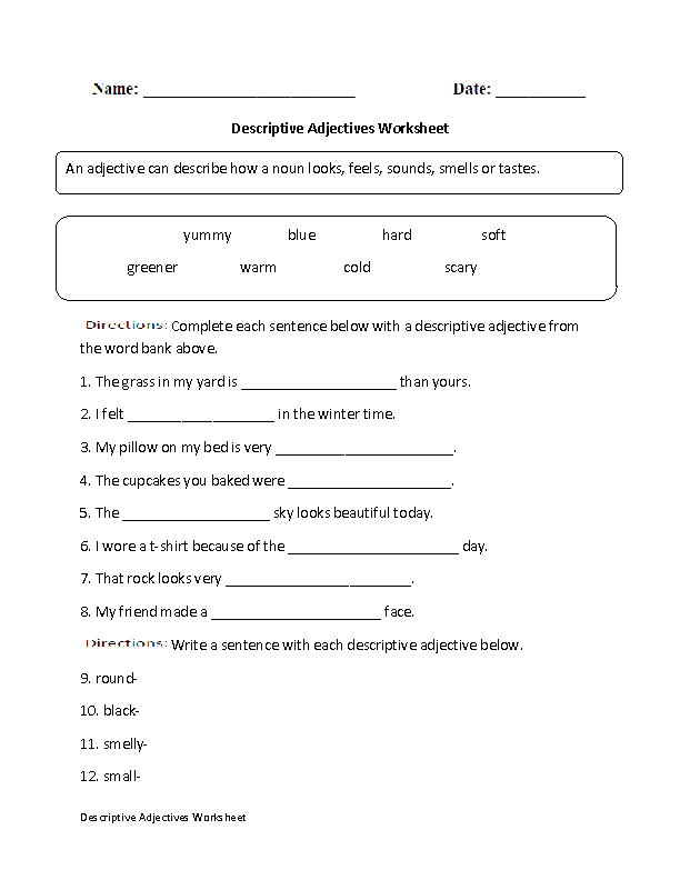 Descriptive Adjective Worksheet Grade 5