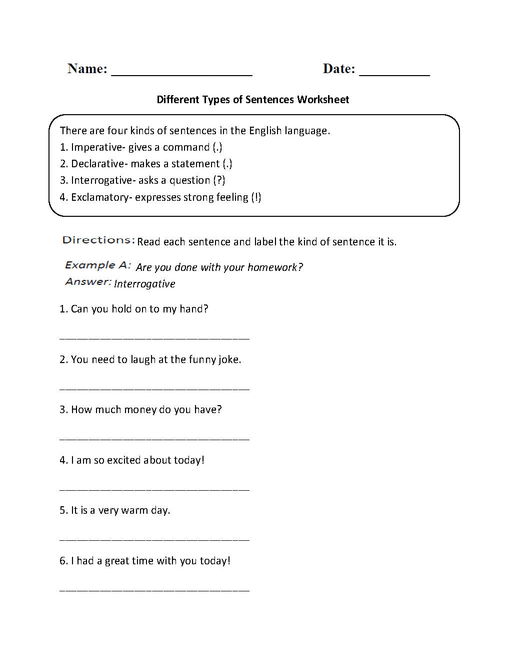 Class 6 Kinds Of Sentences Worksheet