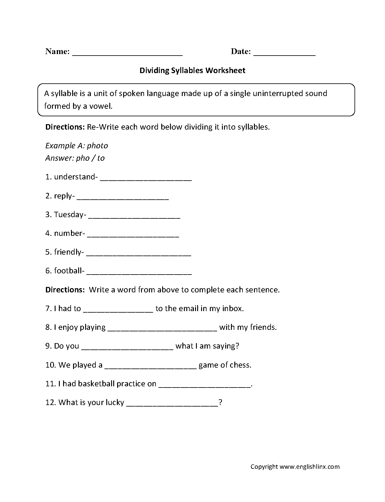 Dividing the Syllables Worksheet