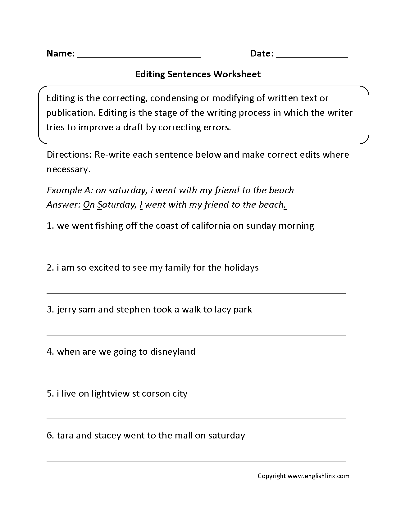 Editing Sentences Worksheet