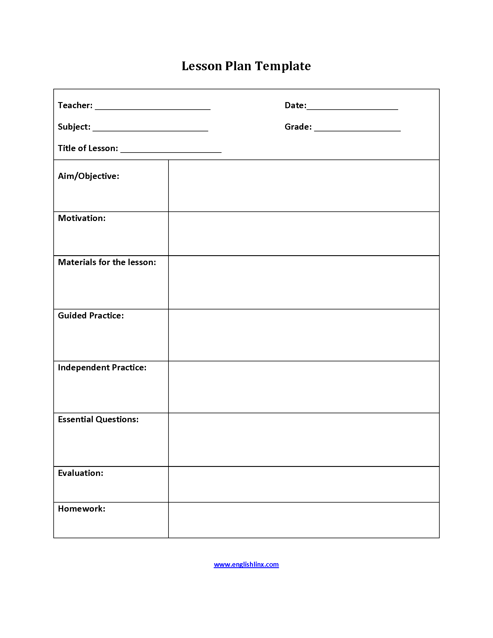 Eight Step Lesson Plan Template