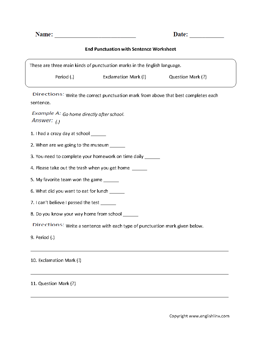 End Punctuation with Sentence Worksheet