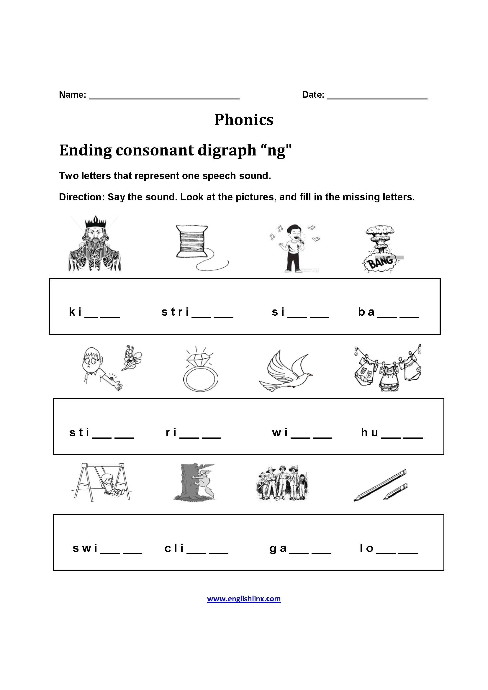 Ending Consonant Diagraph Phonics Worksheets