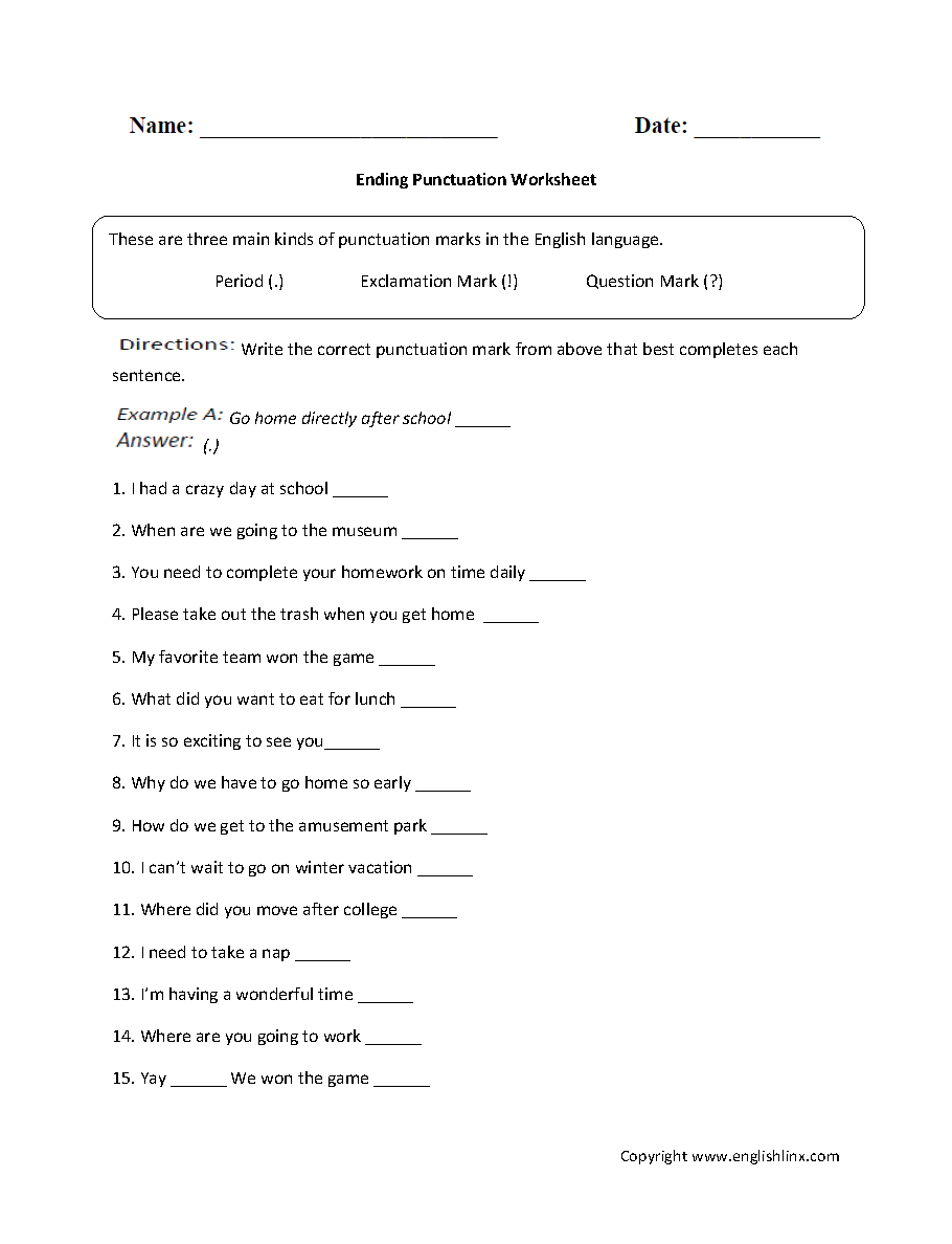 Ending Punctuation Worksheets