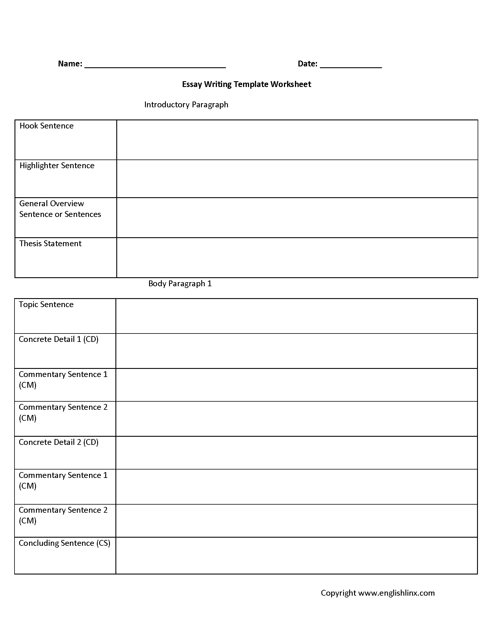 Five ParagraphEssay Writing Template Worksheet