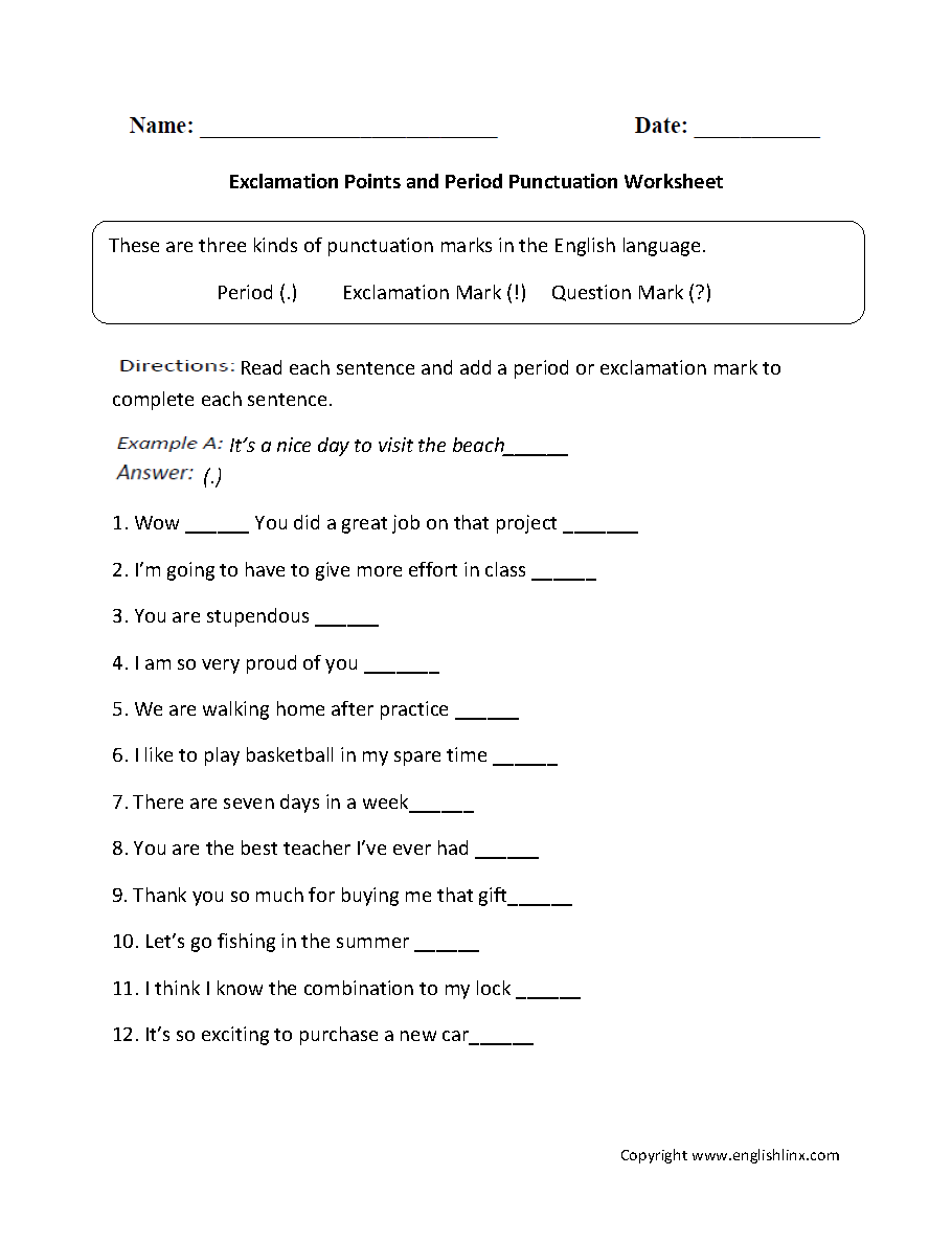 Exclamation Points and Periods Worksheet