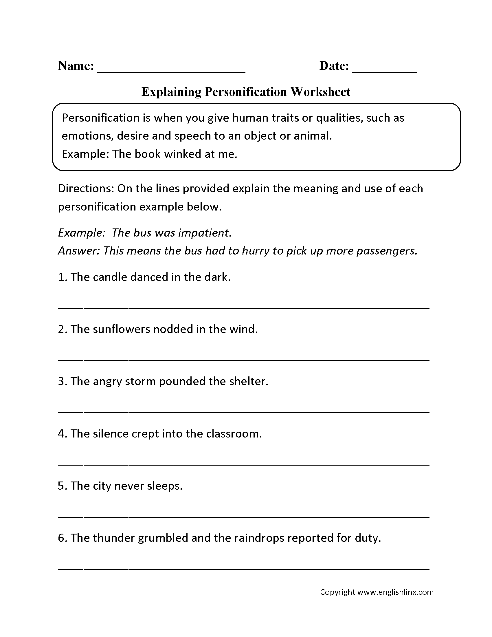 Explaining Personification Worksheet