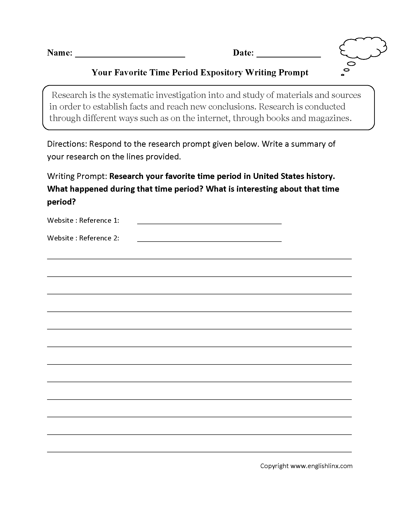 Time Period Expository and Research Writing Prompts Worksheets