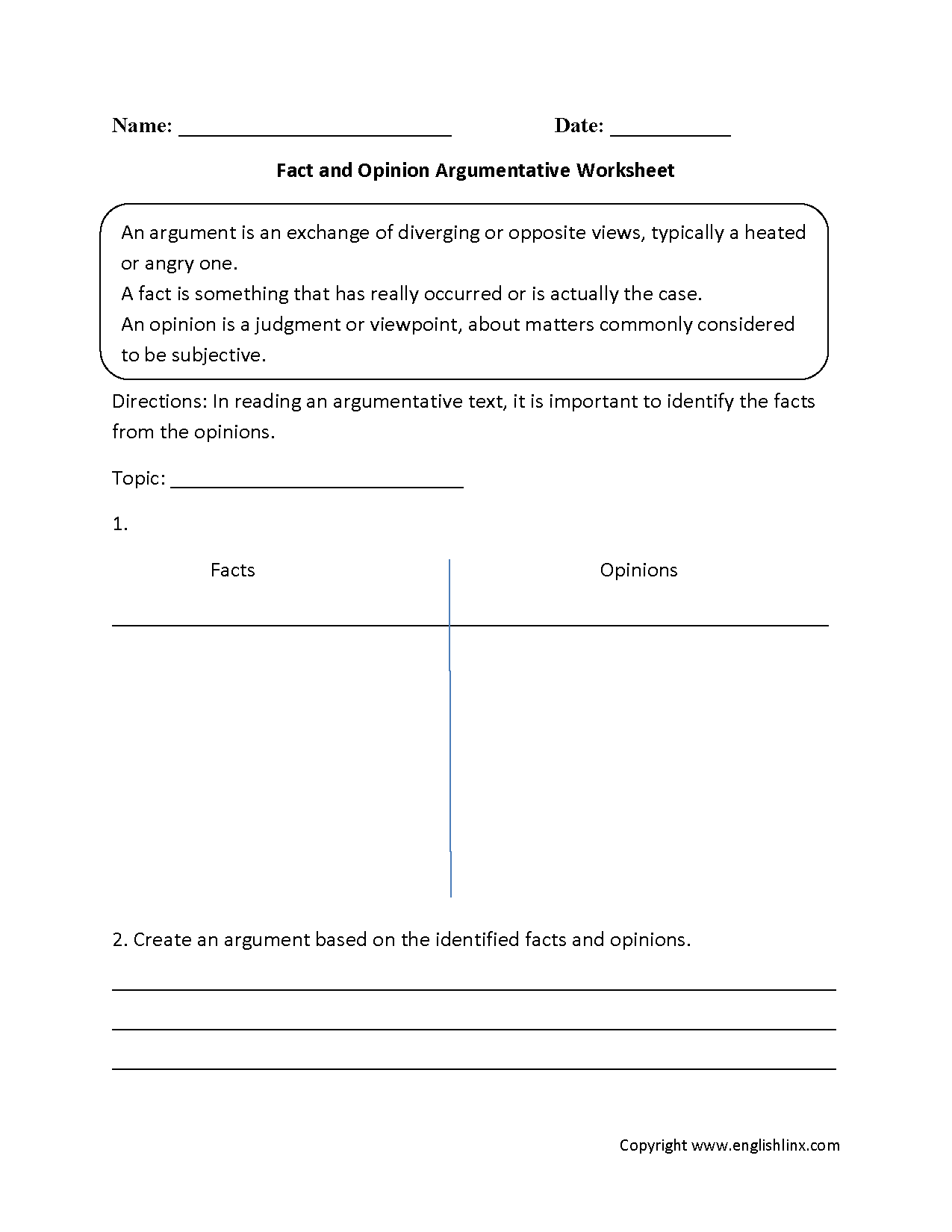 Fact and Opinion Argumentative Worksheets