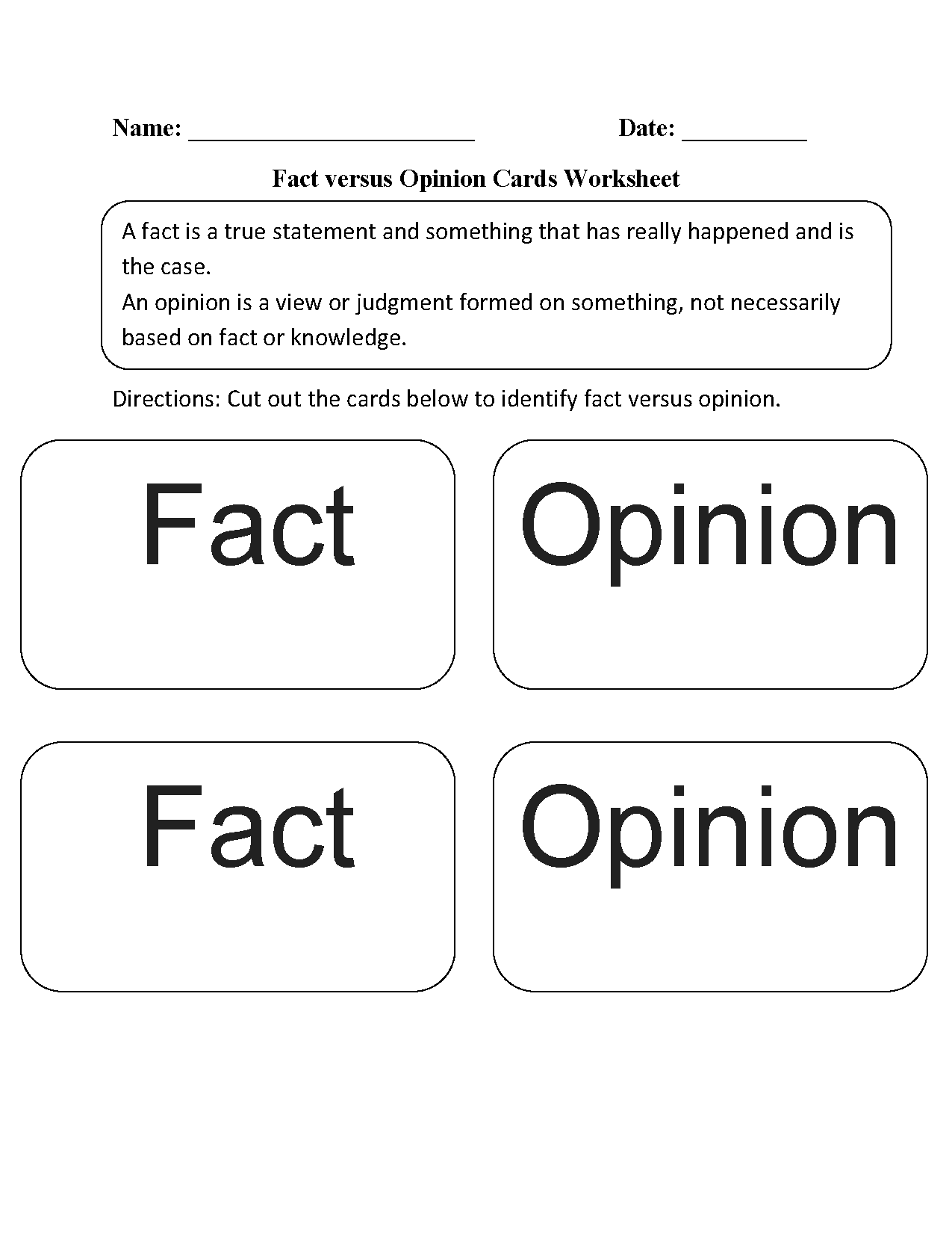 Fact versus Opinion Cards Worksheet
