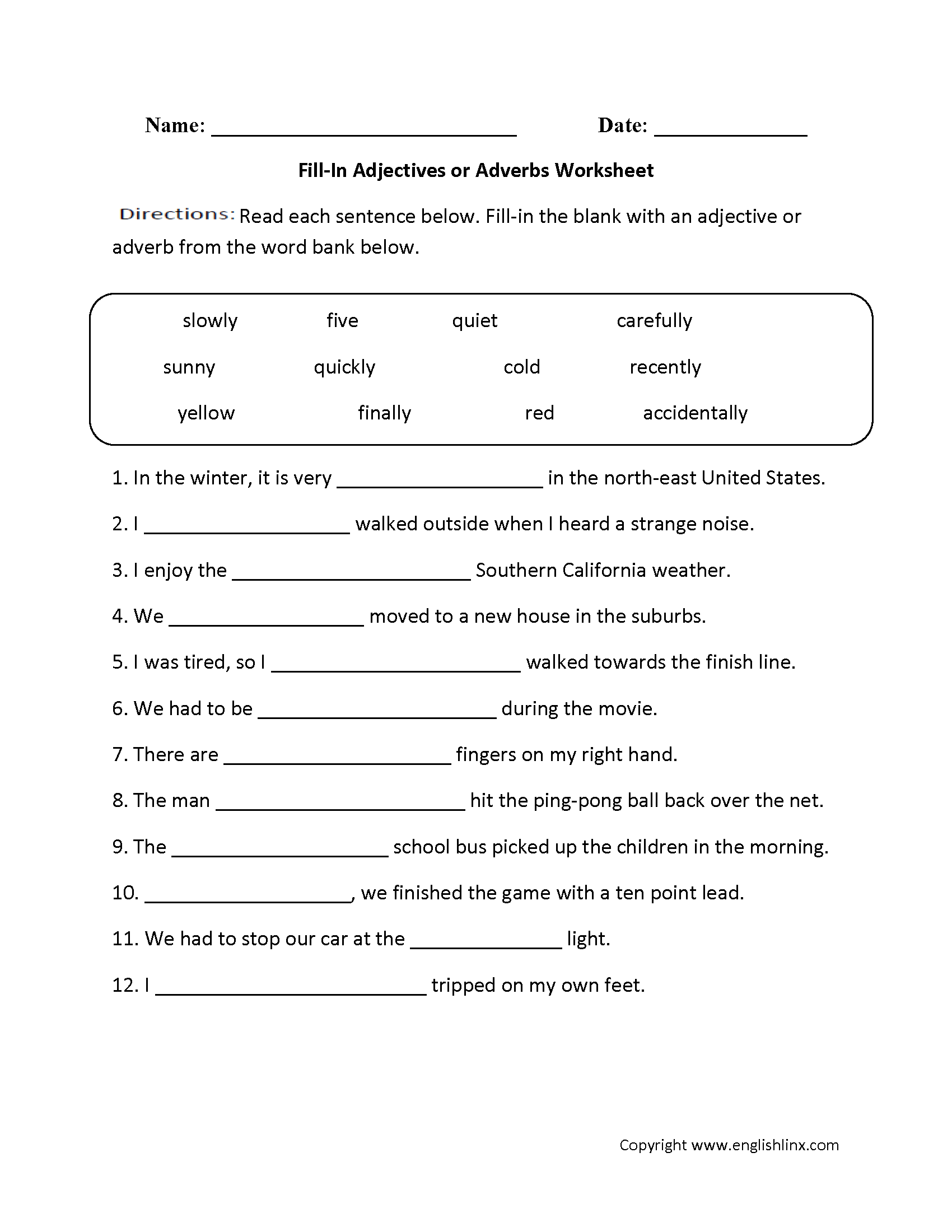Fill-In Adjectives or Adverbs Worksheet