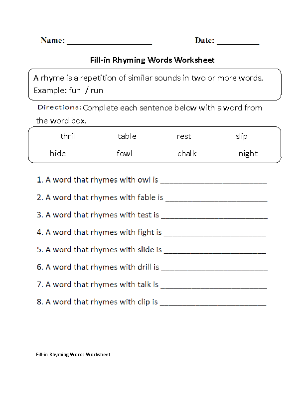 Sentences With Rhyming Words Worksheet