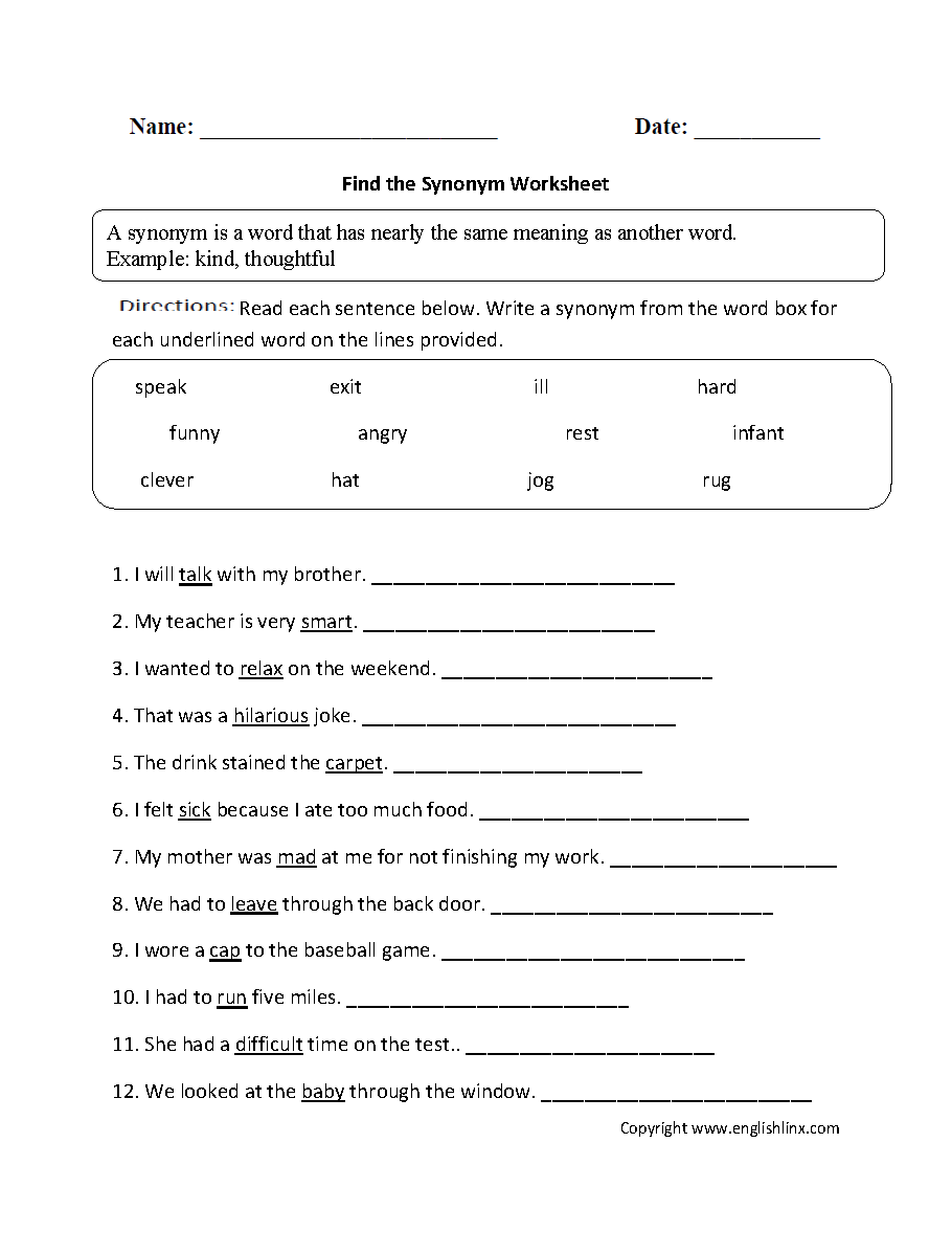 Find the Synonym Worksheet