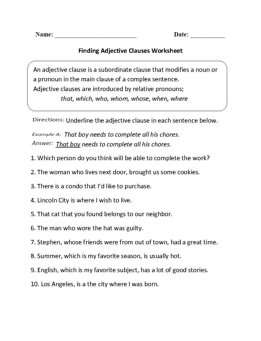 Clauses Worksheets  Finding Adjective Clauses Worksheet learning, math worksheets, worksheets for teachers, and worksheets Adjectival Phrases Worksheet 1188 x 910