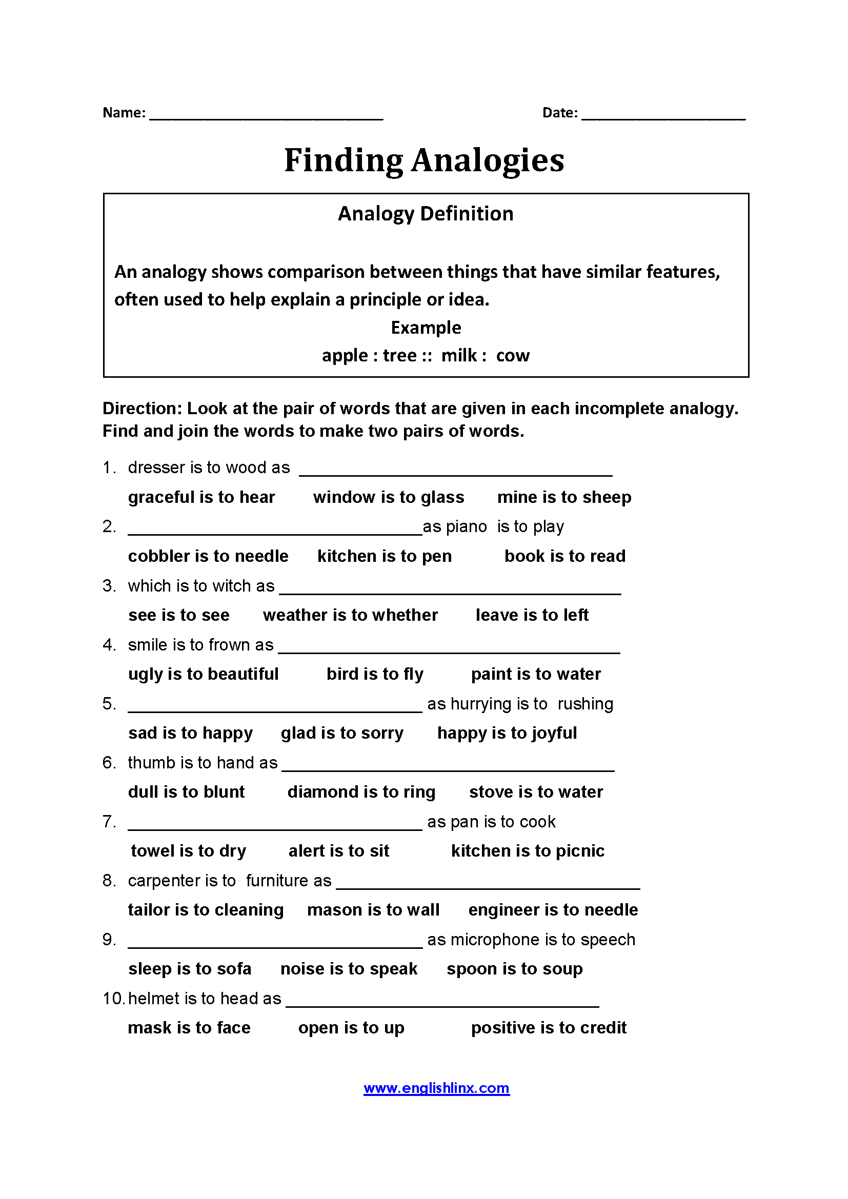 Finding Analogy Worksheets