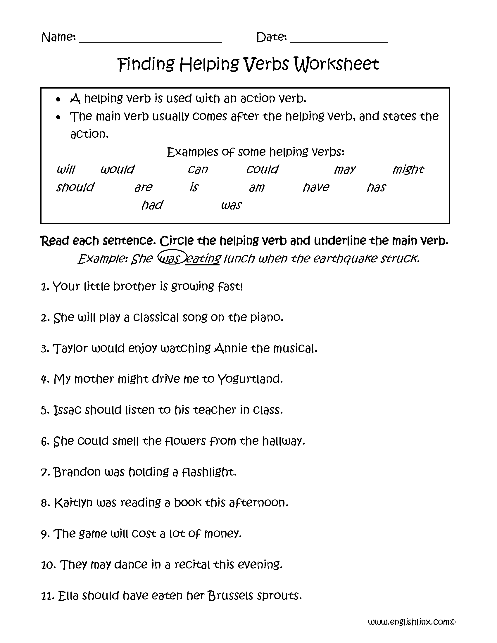 Helping Linking Verbs Worksheet