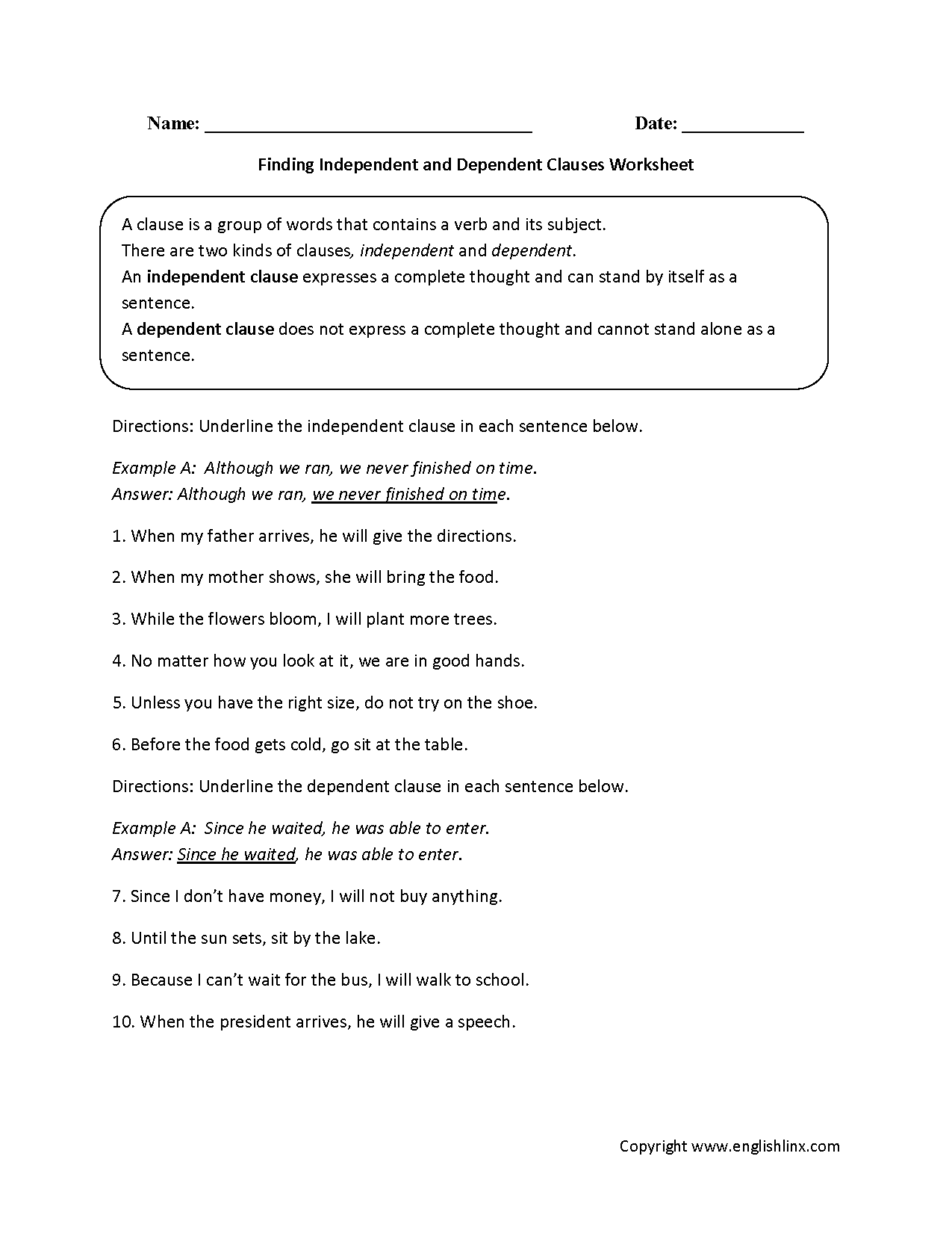 Finding Independent and Dependent Clauses Worksheet