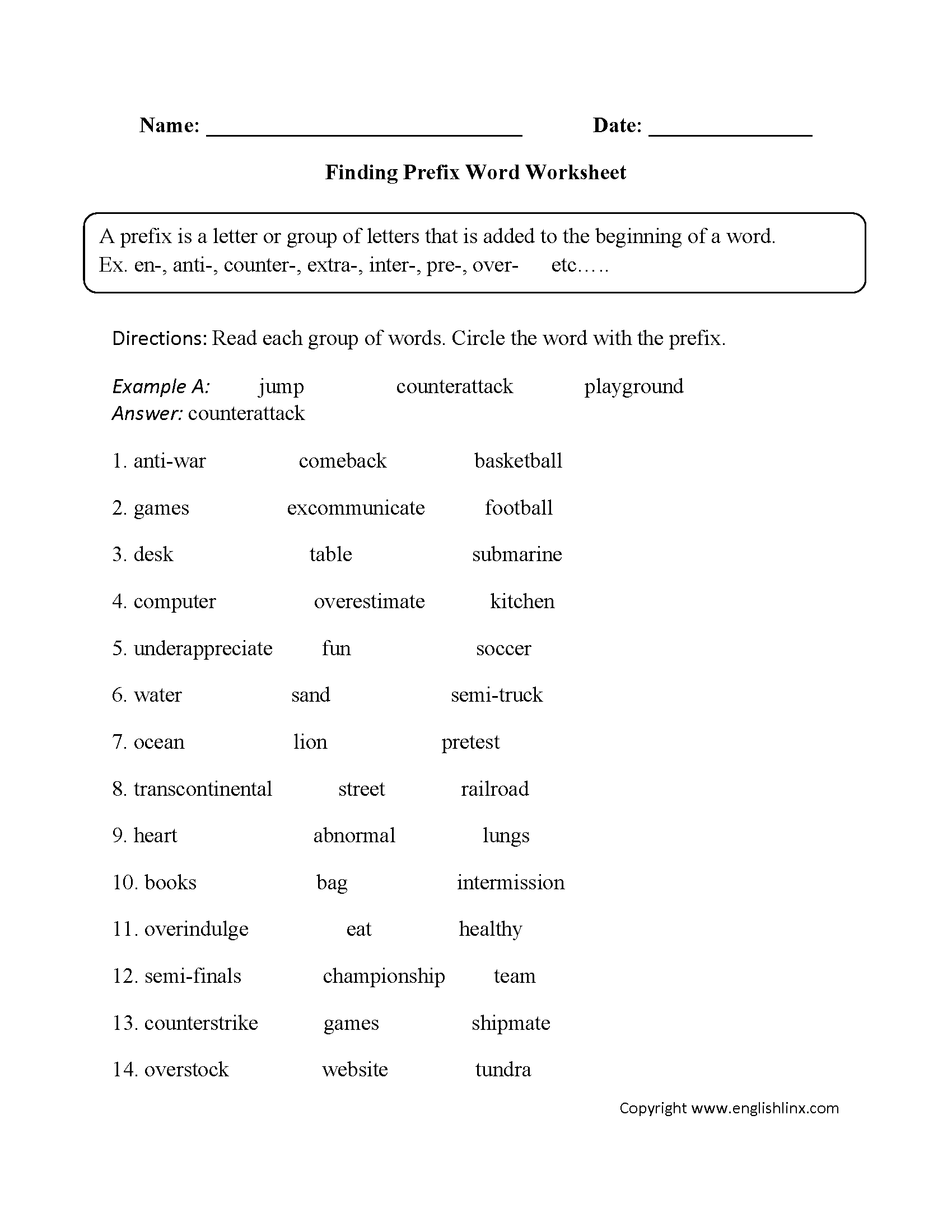 Finding Prefix Word Worksheet