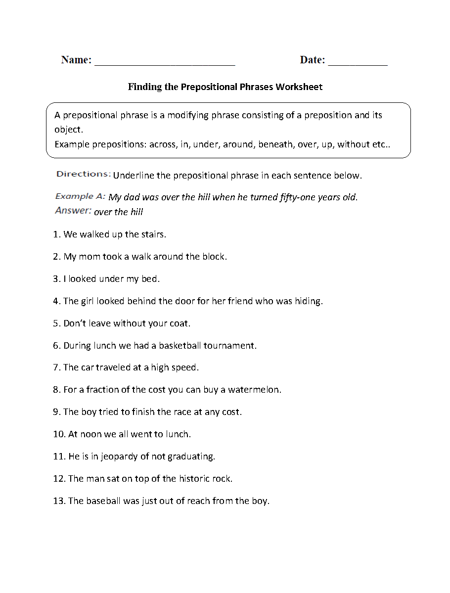 Prepositional Phrases Worksheets | Finding Prepositional Phrases Worksheet