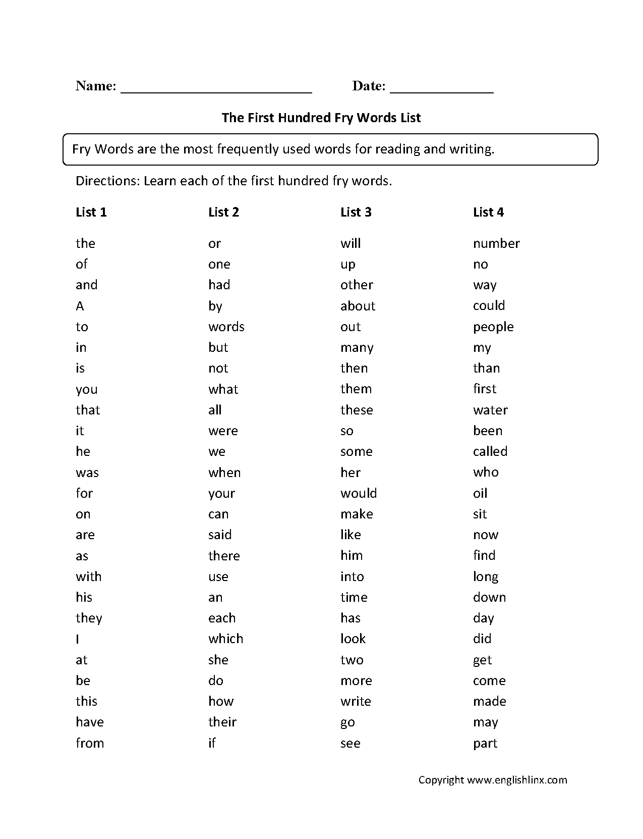 First Hundred Fry Words List Worksheets