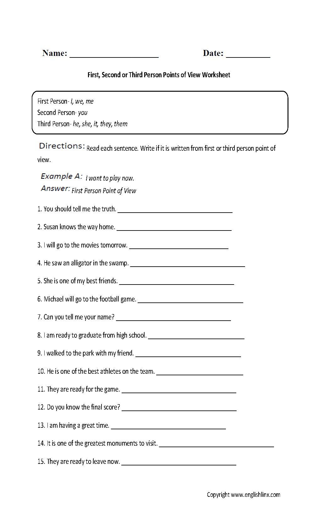 Point of View Worksheets | First, Second and Third Person Point of View