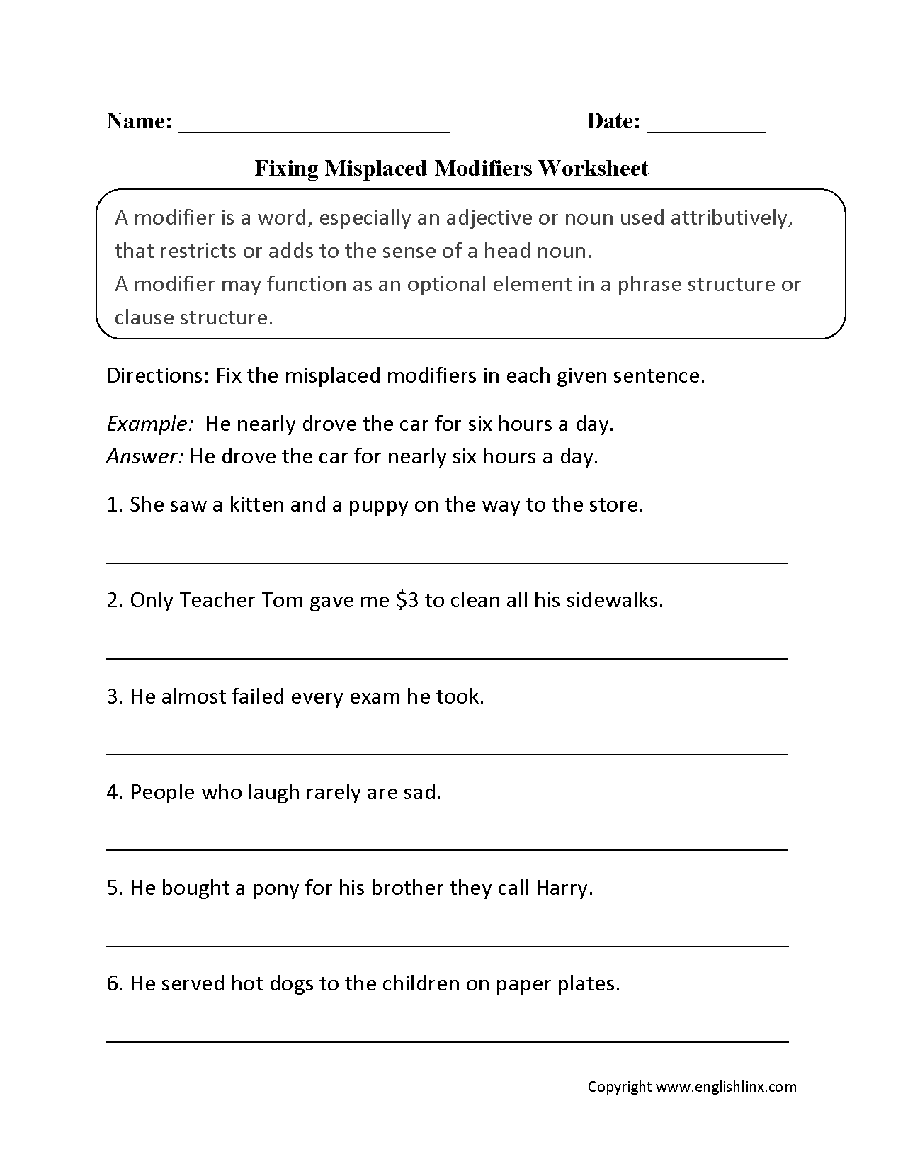 Fixing Misplaced Modifiers Worksheet