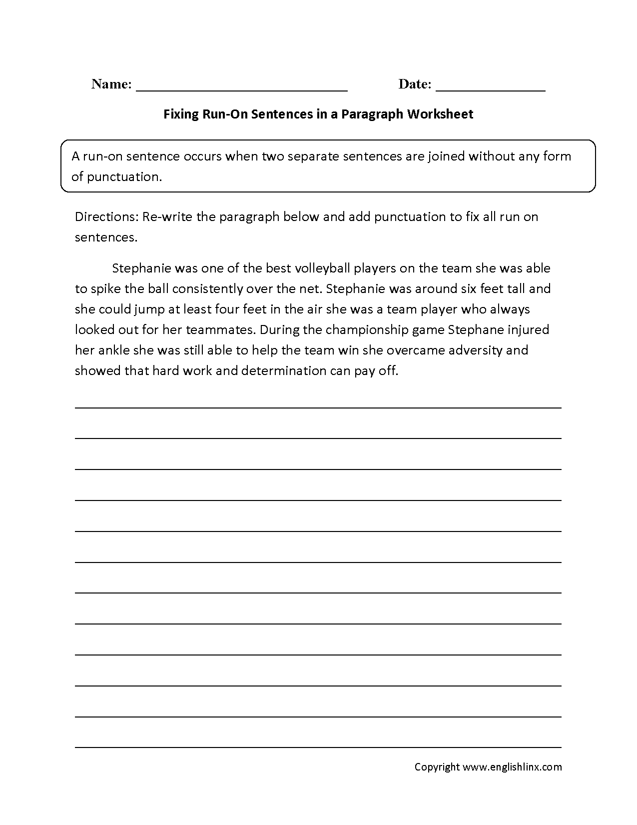 Fixing Paragraphs with Run on Sentences Worksheets