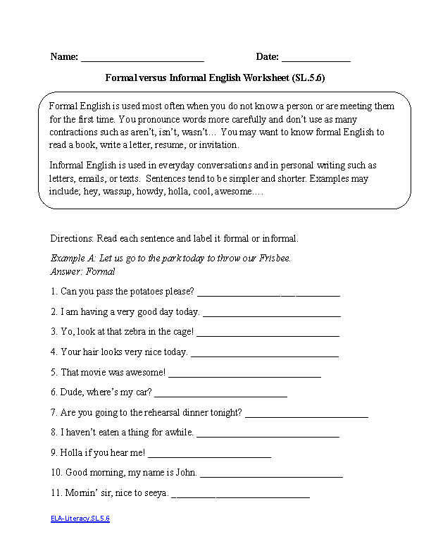 Formal vs. Informal ELA-Literacy.SL.5.6 Speaking and Listening Worksheet