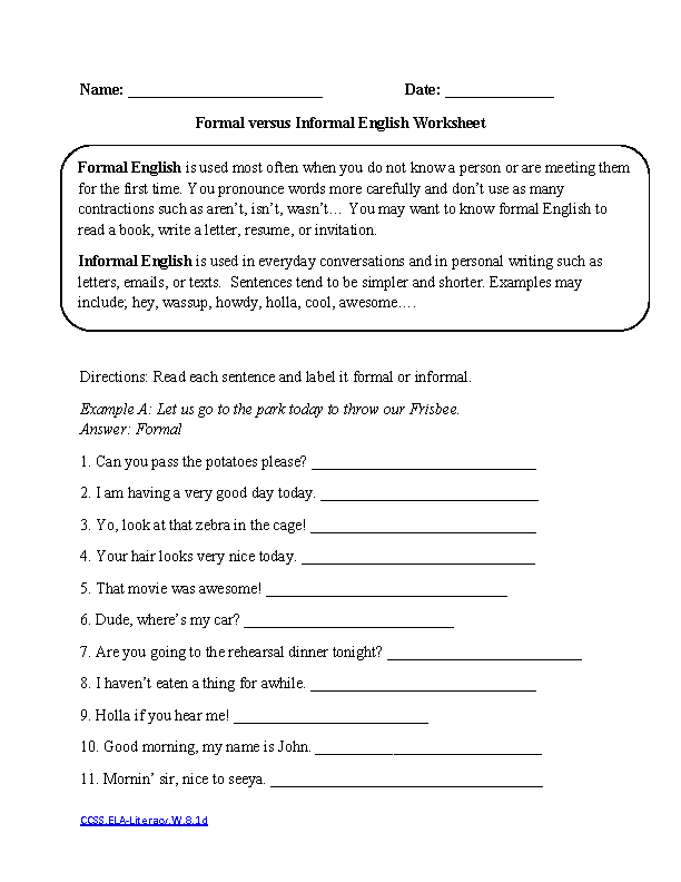 Formal vs. Informal ELA-Literacy.W.7.2e Writing Worksheet