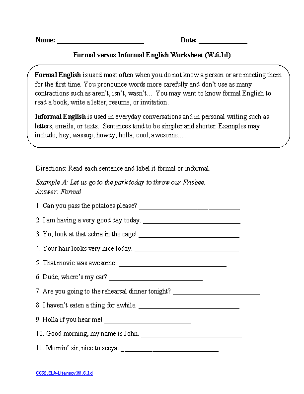 Formal vs Informal ELA-Literacy.W.6.1d Writing Worksheet