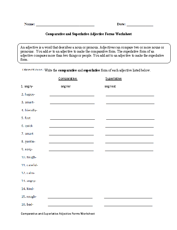 Comparative and Superlative Adjectives Forms Worksheet