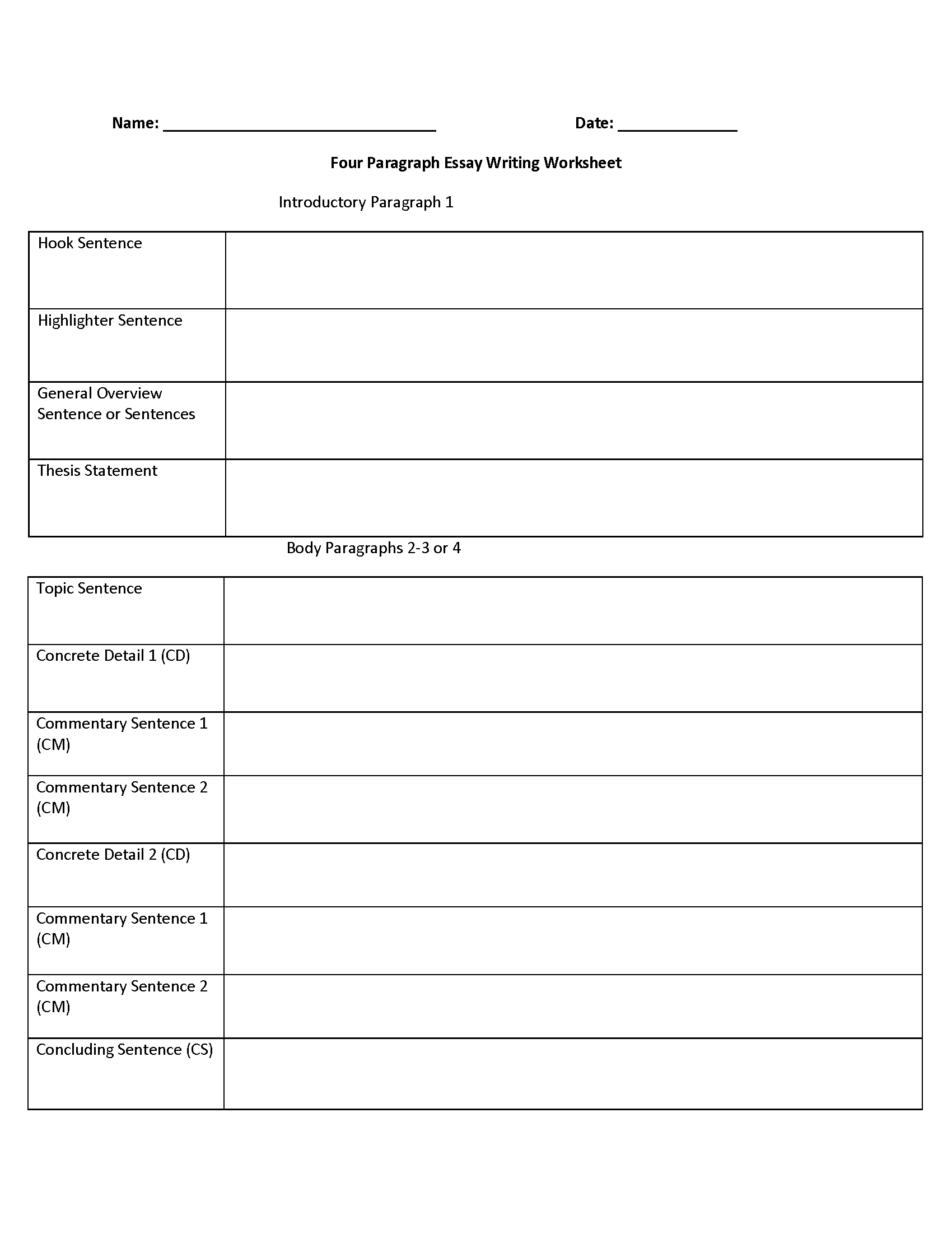 Four Paragraph Essay Graphic Organizers Worksheet