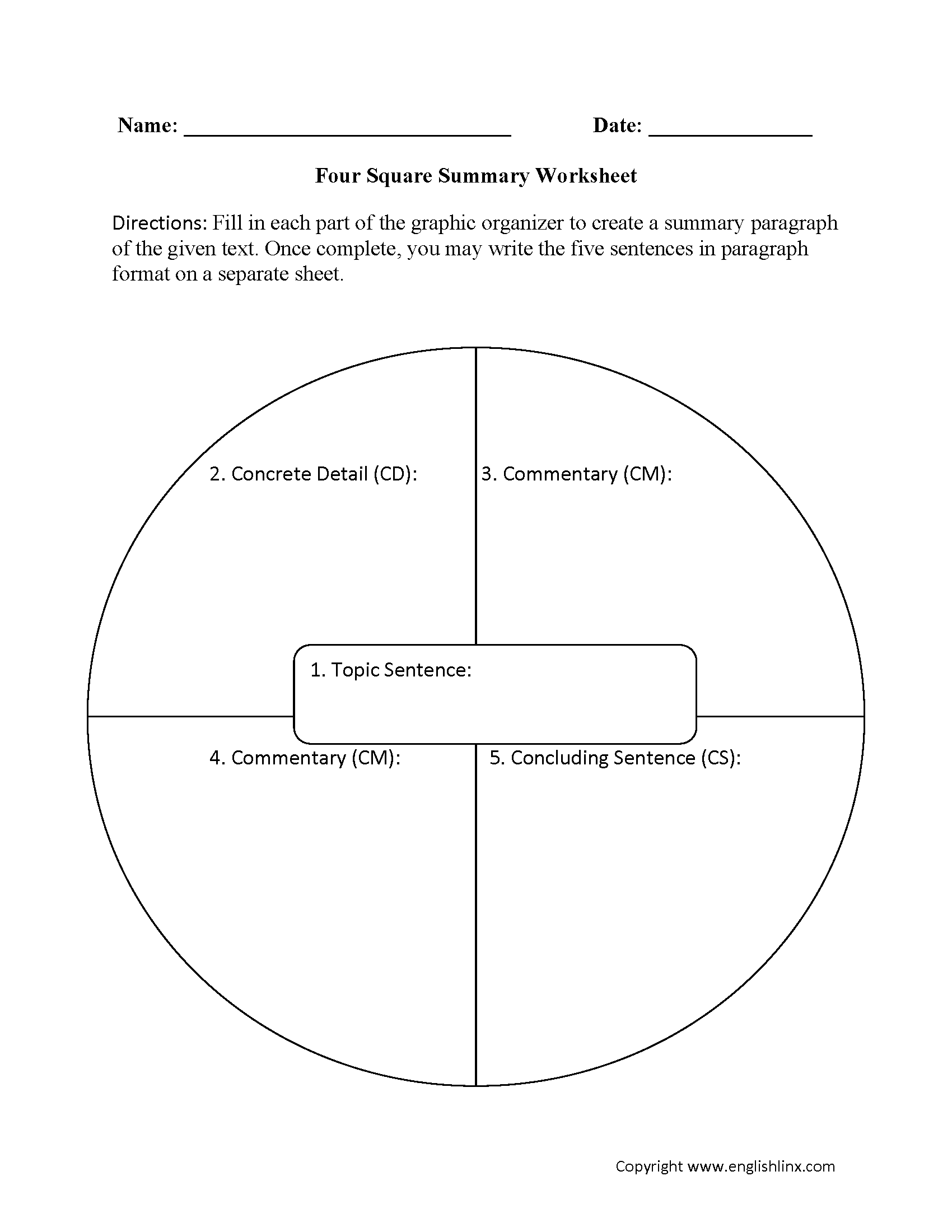 Four Square Summary Worksheet