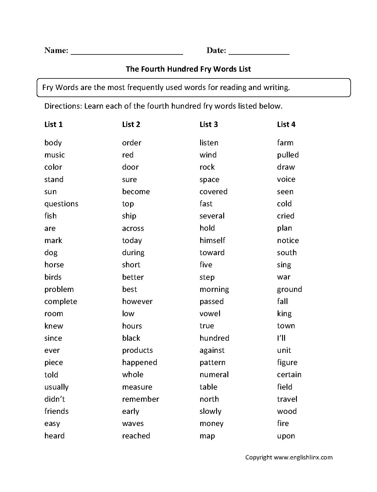 Fourth Hundred Fry Words List Worksheets