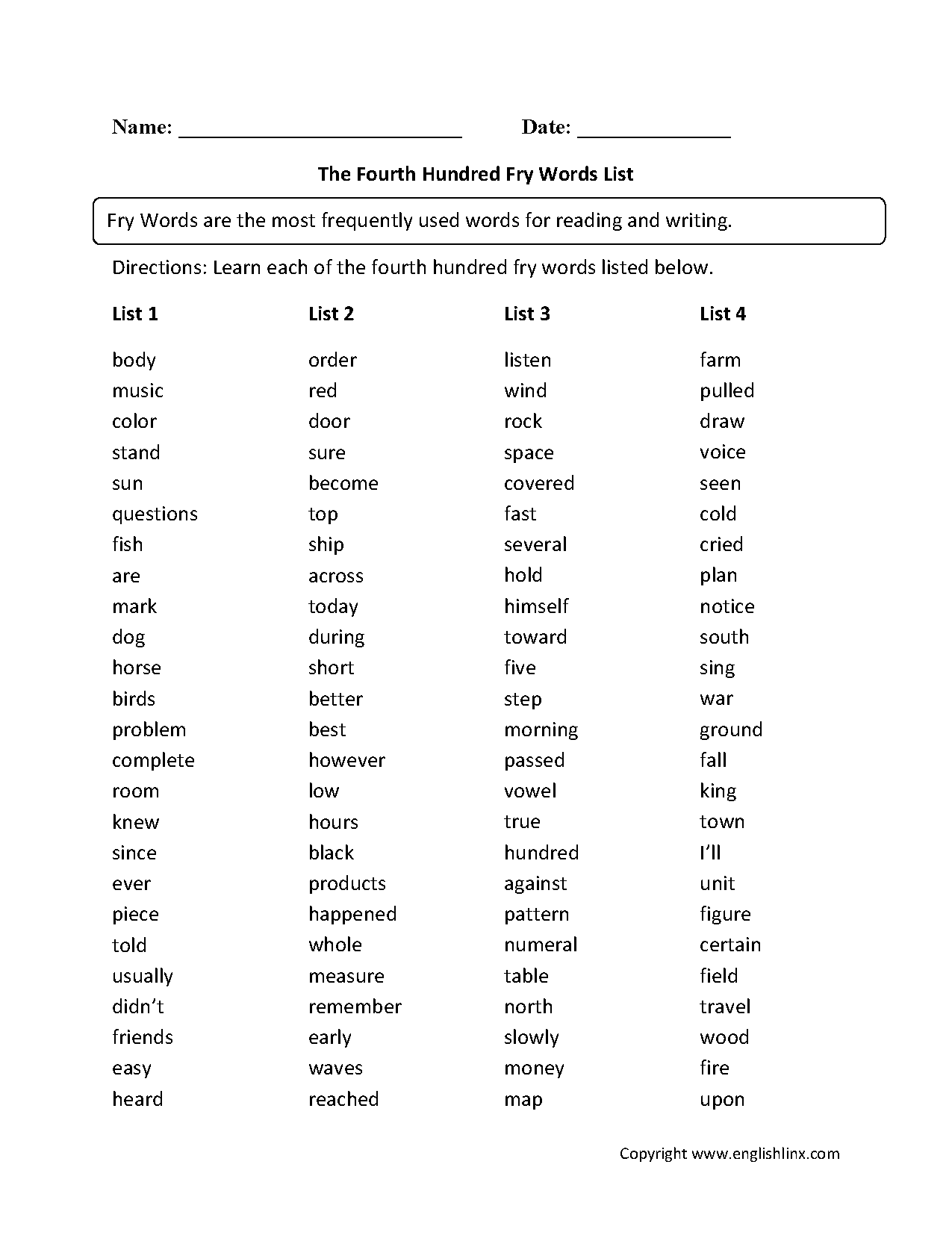 Fourth Hundred Fry Words