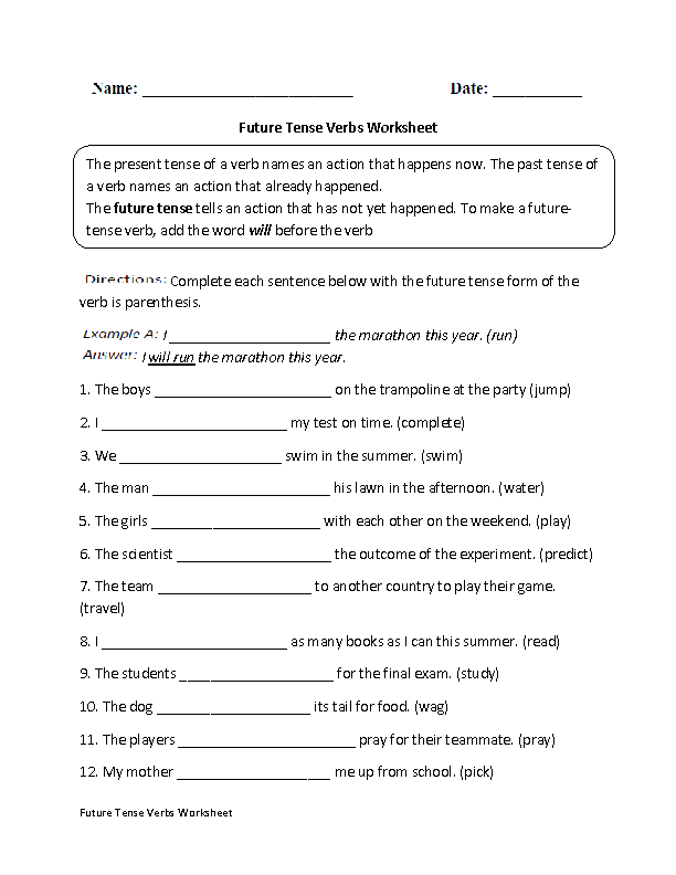 Future Tense Verbs Practice Worksheet