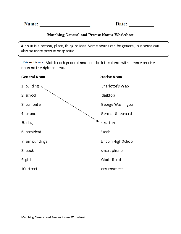 Matching General and Precise Nouns Worksheet