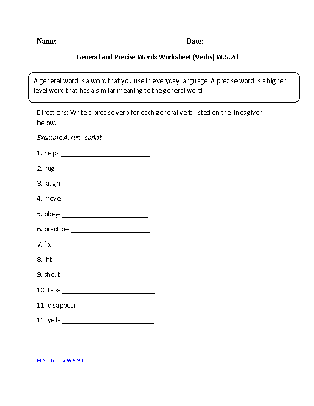 General and Precise Words ELA-Literacy.W.5.2d Writing Worksheet
