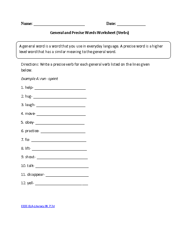 General and Precise Words ELA-Literacy.W.7.3d Writing Worksheet