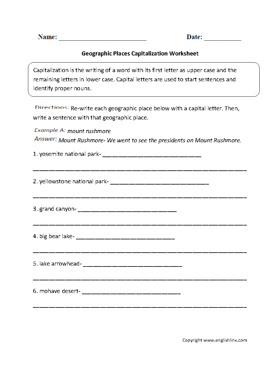 Geographic Places Capitalization Worksheets