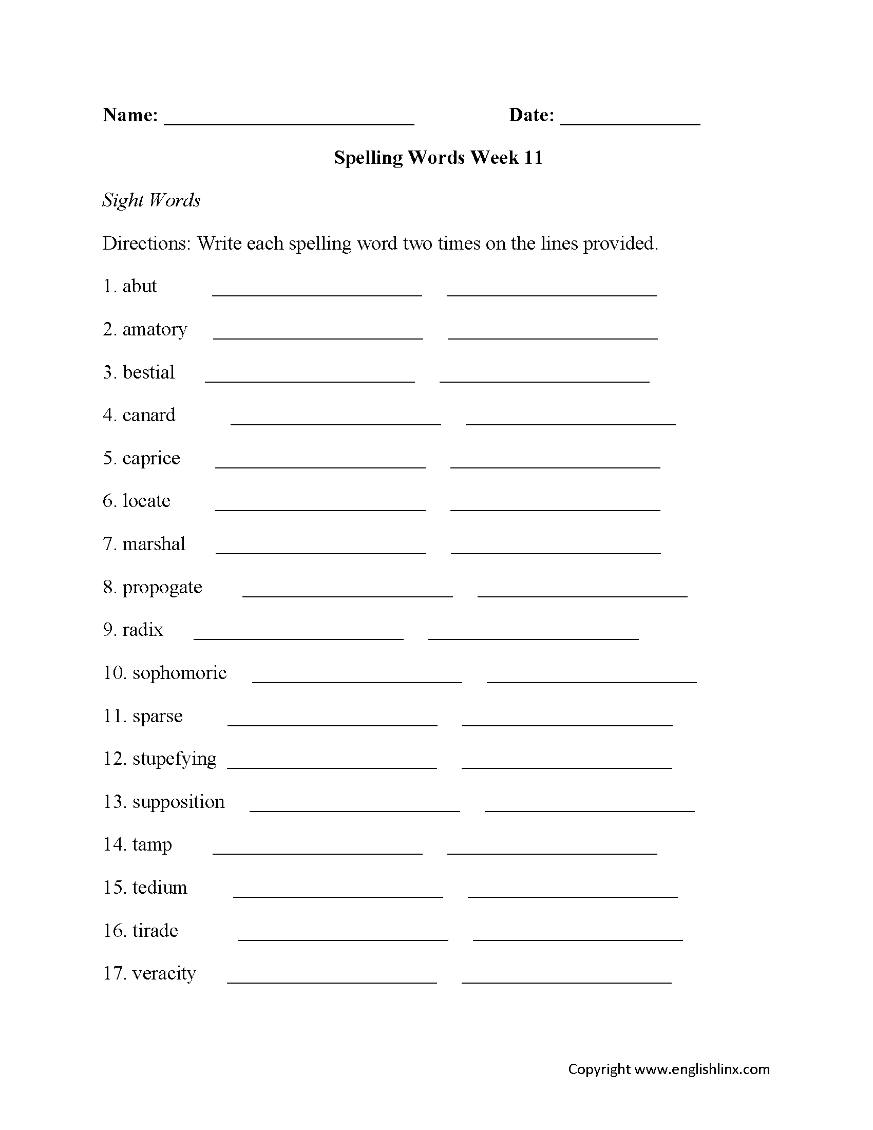 Week 11 High School Spelling Worksheets
