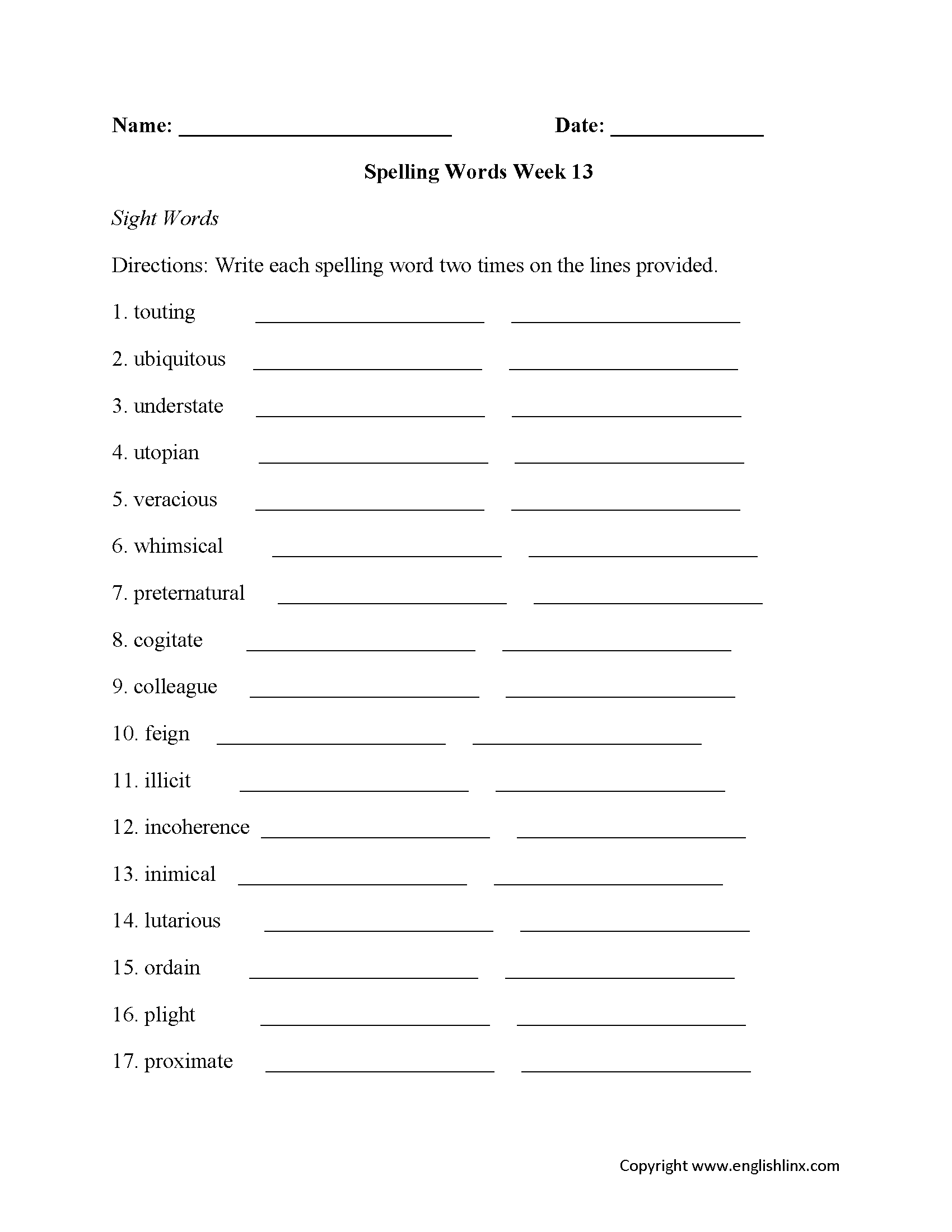 Week 13 High School Spelling Worksheets