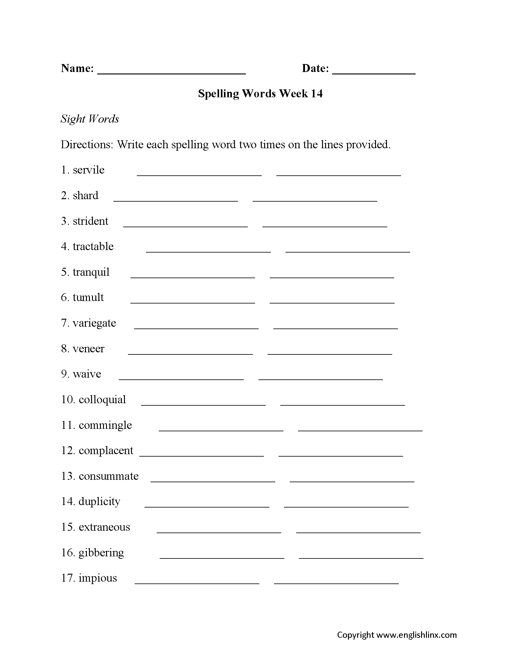 Week 14 High School Spelling Worksheets