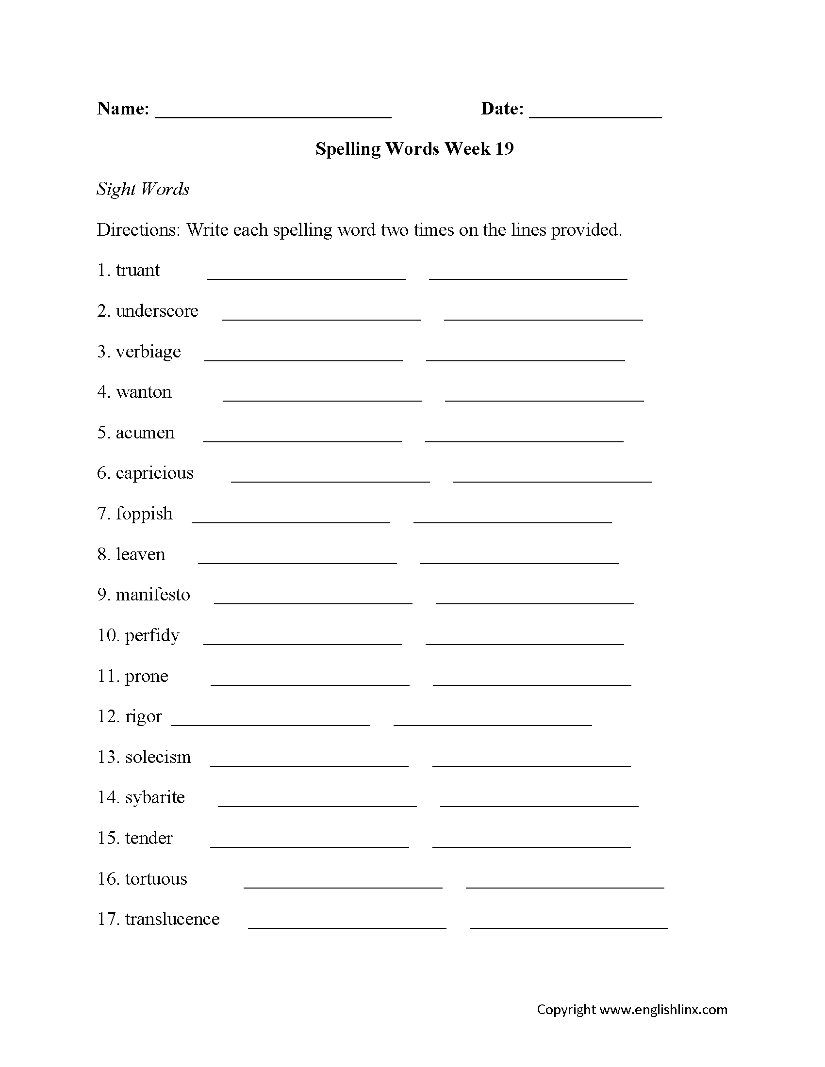Week 19 High School Spelling Worksheets