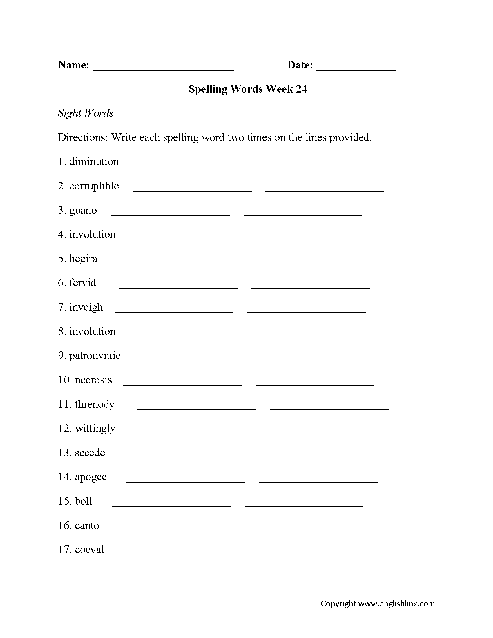 Week 24 High School Spelling Worksheets