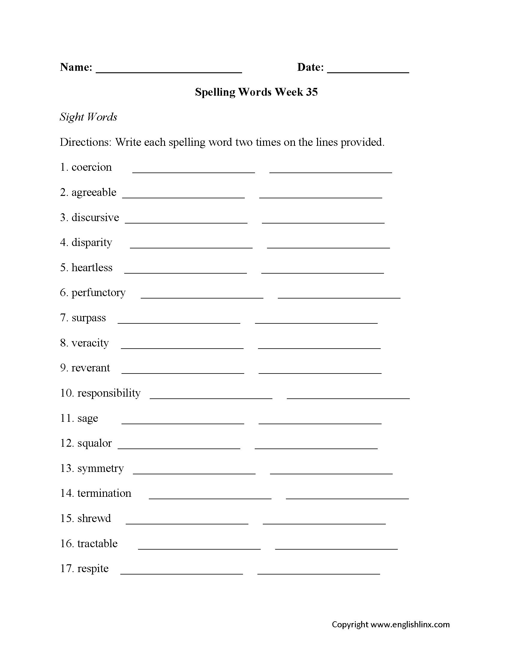 Week 35 High School Spelling Worksheets