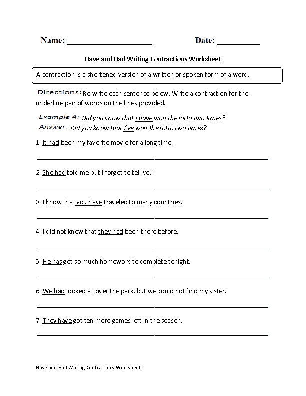 Have and Had Writing Contractions Contractions Worksheet