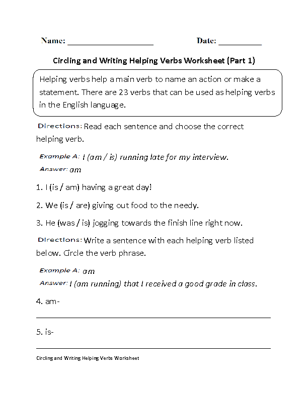 Circling and Writing Helping Verbs Worksheet